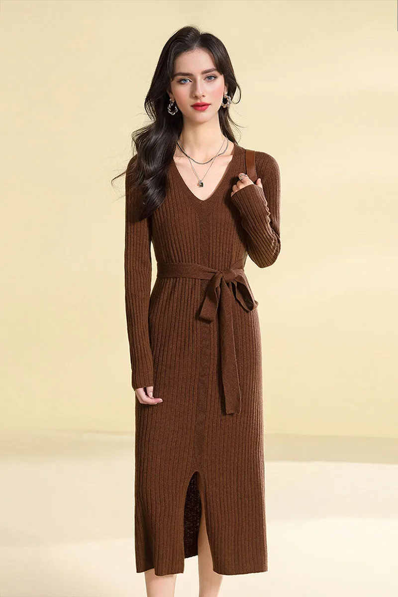 100 Wool V-Neck Long Sleeve Belted Midi Sweater Dress with Front Slit