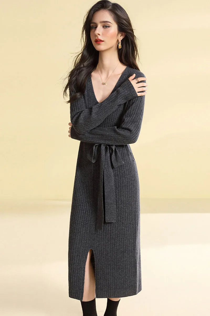 100 Wool V-Neck Long Sleeve Belted Midi Sweater Dress with Front Slit