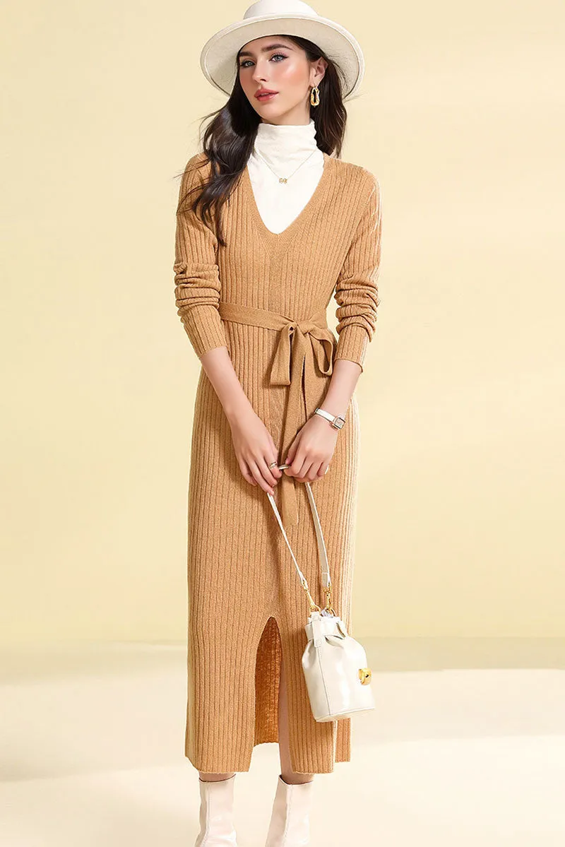 100 Wool V-Neck Long Sleeve Belted Midi Sweater Dress with Front Slit
