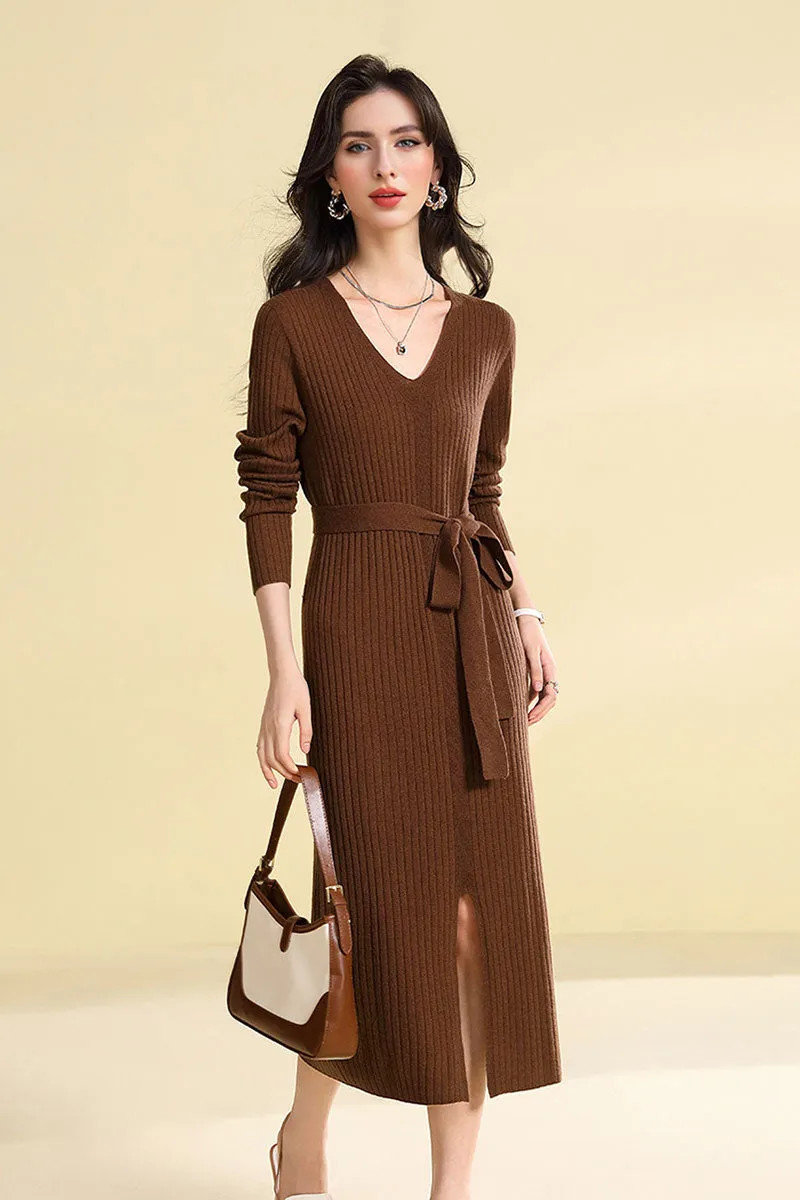 100 Wool V-Neck Long Sleeve Belted Midi Sweater Dress with Front Slit