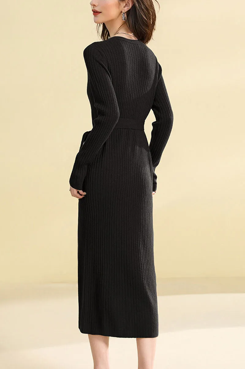 100 Wool V-Neck Long Sleeve Belted Midi Sweater Dress with Front Slit