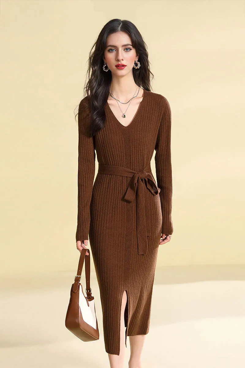 100 Wool V-Neck Long Sleeve Belted Midi Sweater Dress with Front Slit