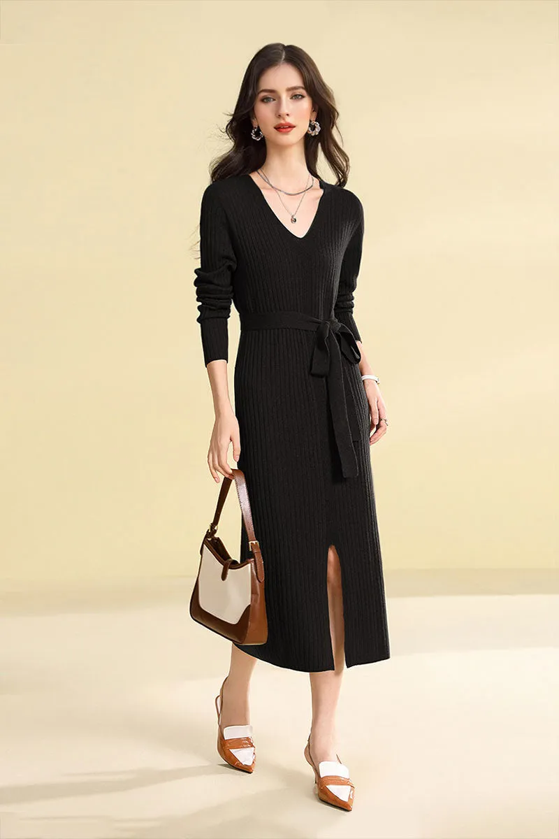 100 Wool V-Neck Long Sleeve Belted Midi Sweater Dress with Front Slit