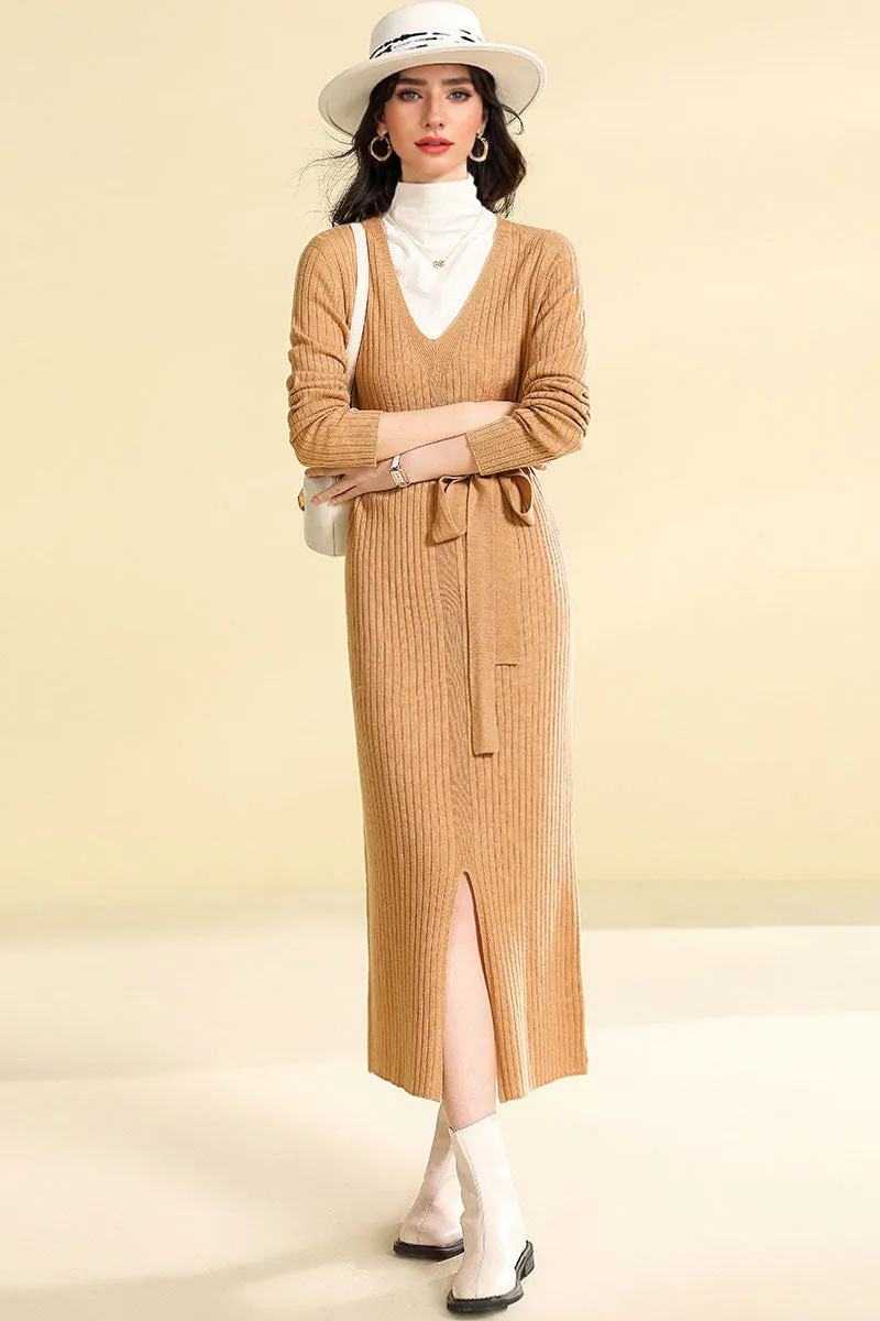 100 Wool V-Neck Long Sleeve Belted Midi Sweater Dress with Front Slit