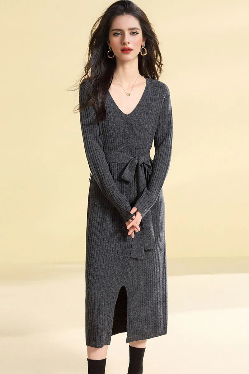 100 Wool V-Neck Long Sleeve Belted Midi Sweater Dress with Front Slit