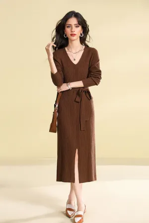 100 Wool V-Neck Long Sleeve Belted Midi Sweater Dress with Front Slit