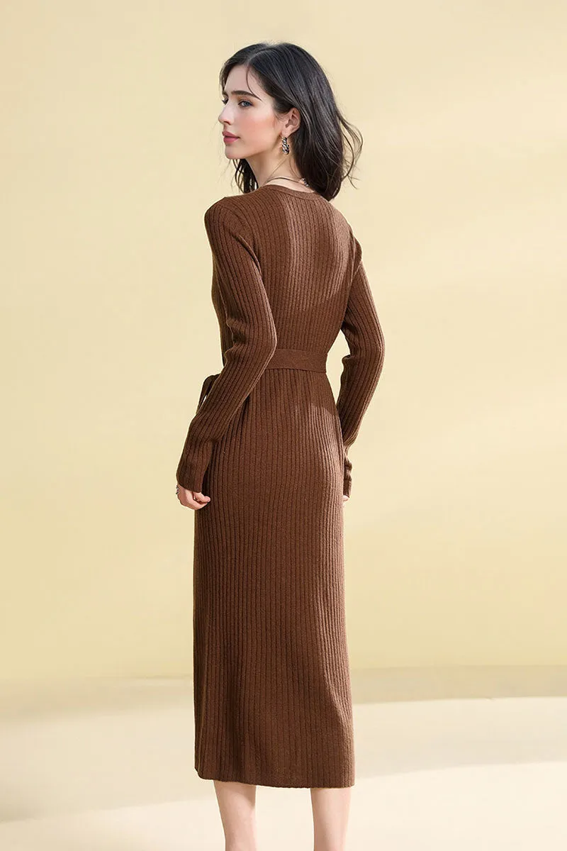 100 Wool V-Neck Long Sleeve Belted Midi Sweater Dress with Front Slit