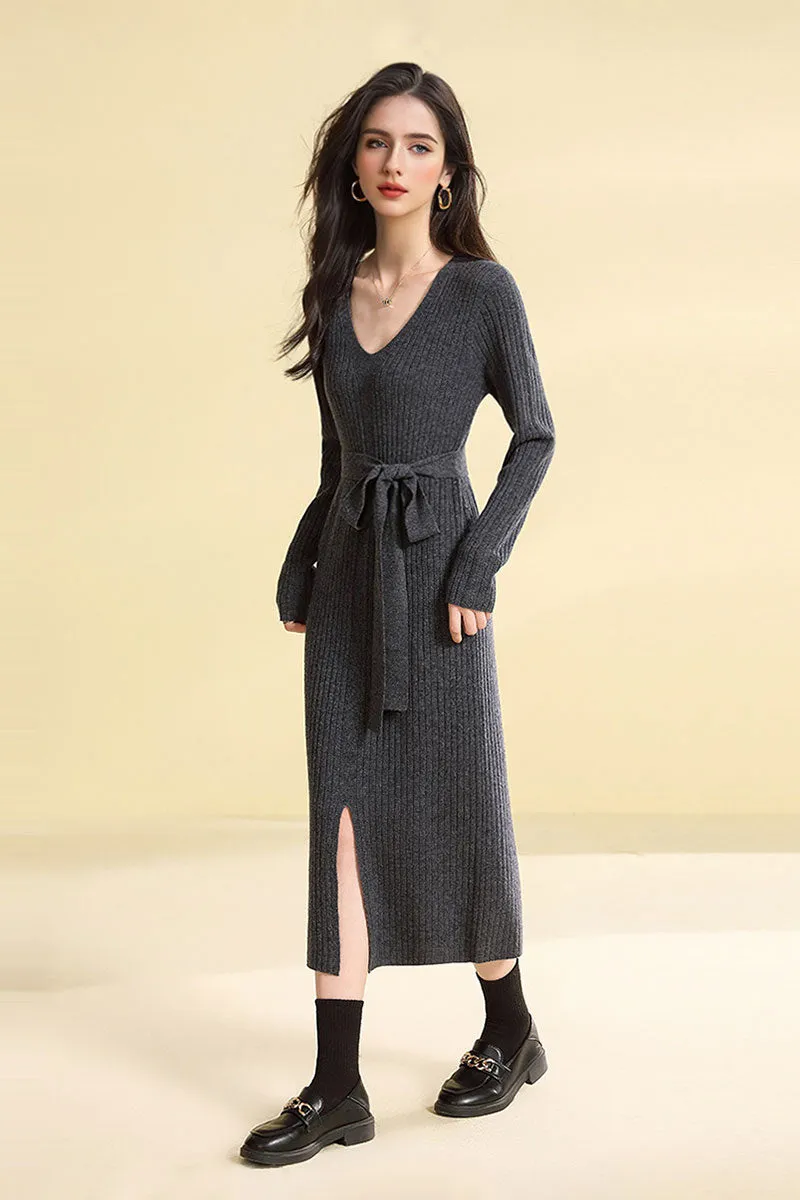 100 Wool V-Neck Long Sleeve Belted Midi Sweater Dress with Front Slit