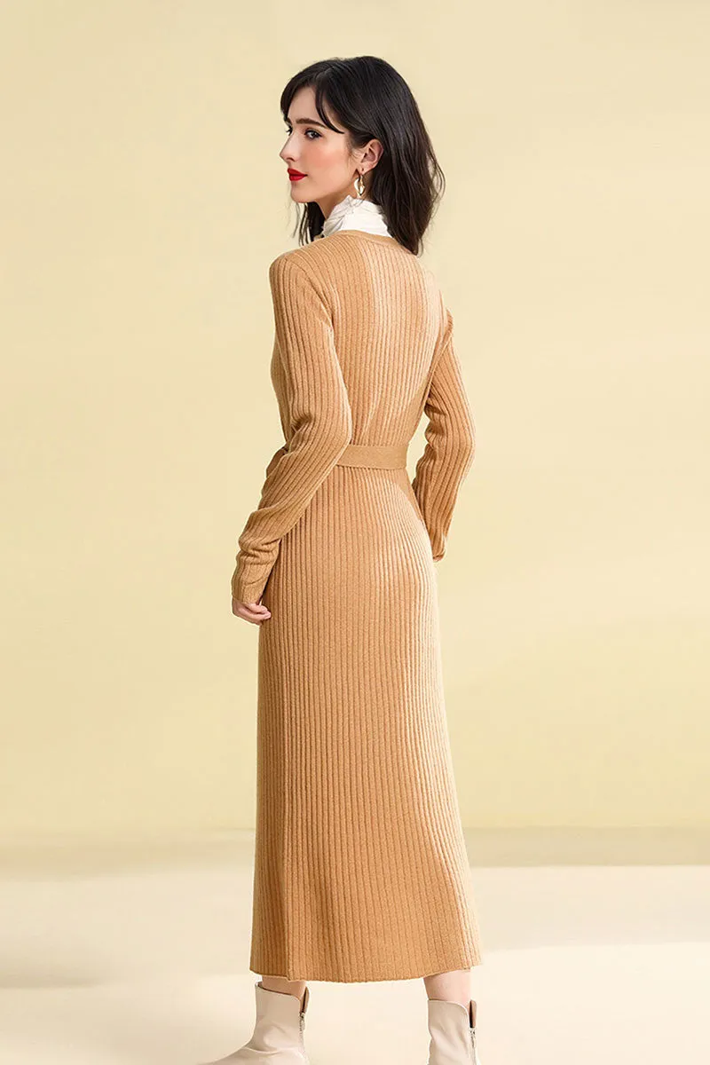 100 Wool V-Neck Long Sleeve Belted Midi Sweater Dress with Front Slit