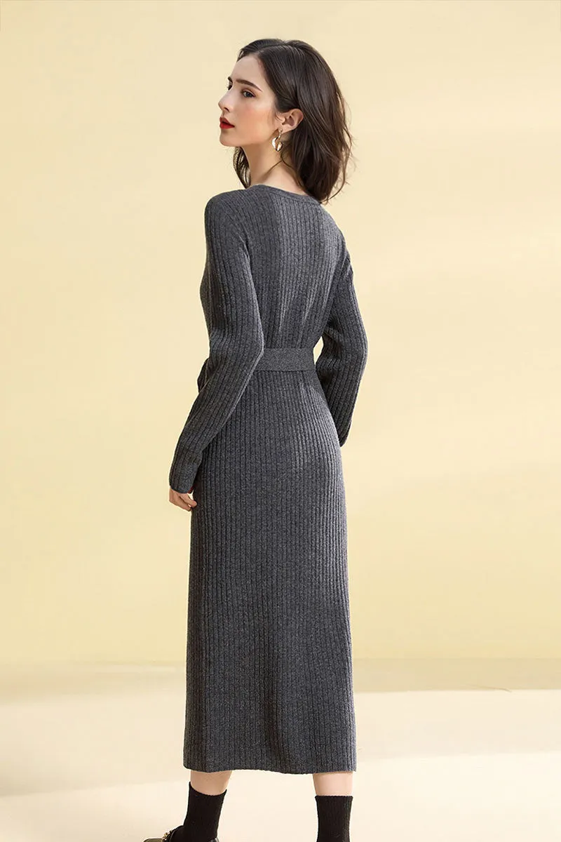 100 Wool V-Neck Long Sleeve Belted Midi Sweater Dress with Front Slit