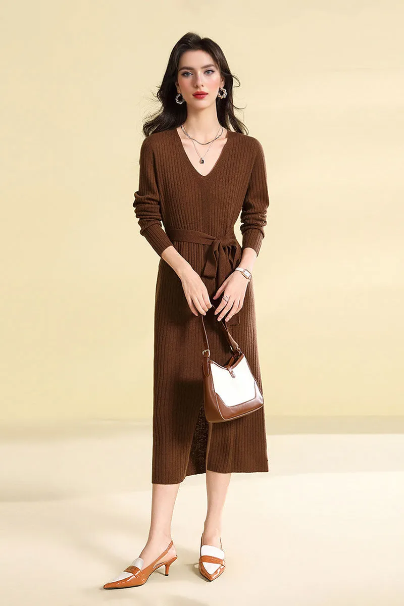 100 Wool V-Neck Long Sleeve Belted Midi Sweater Dress with Front Slit