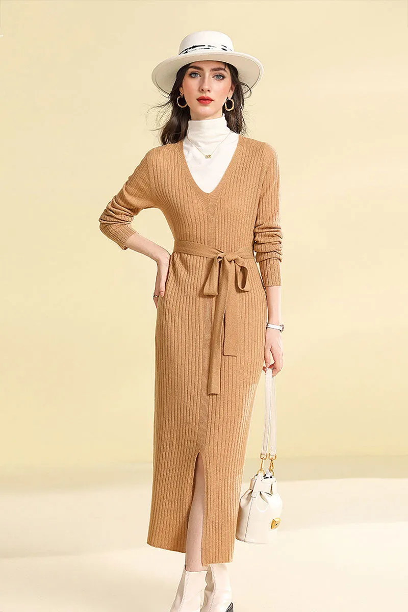 100 Wool V-Neck Long Sleeve Belted Midi Sweater Dress with Front Slit