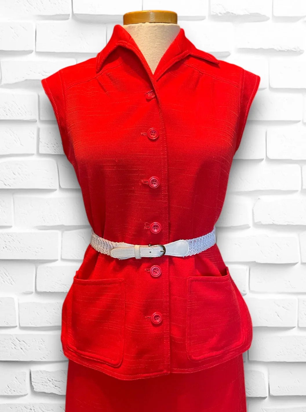 1970’s Red Polyester Linen Skirt & Sleeveless Top Set