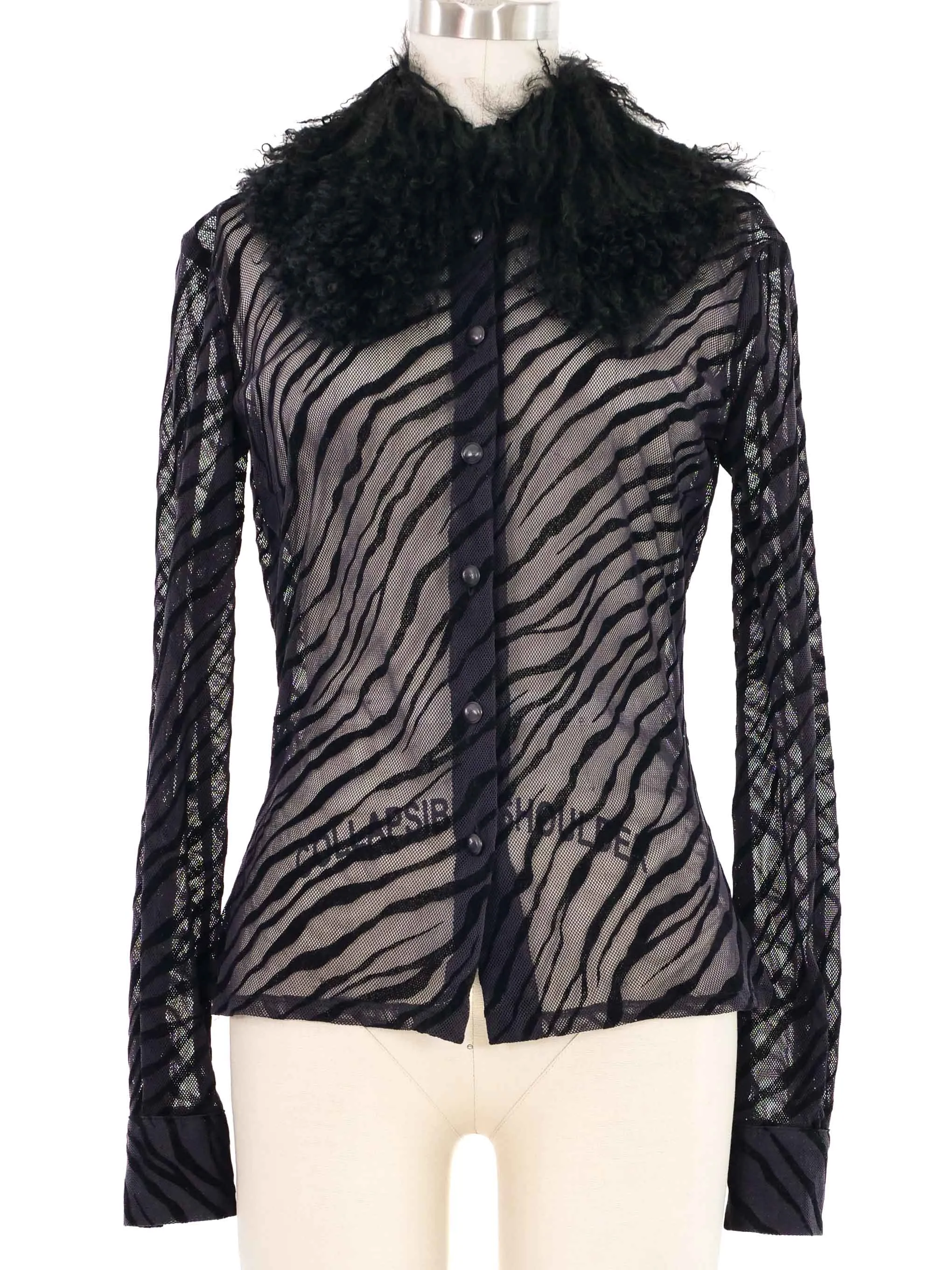 2000s Versus Versace Burnout Mesh Faux Fur Collar Blouse