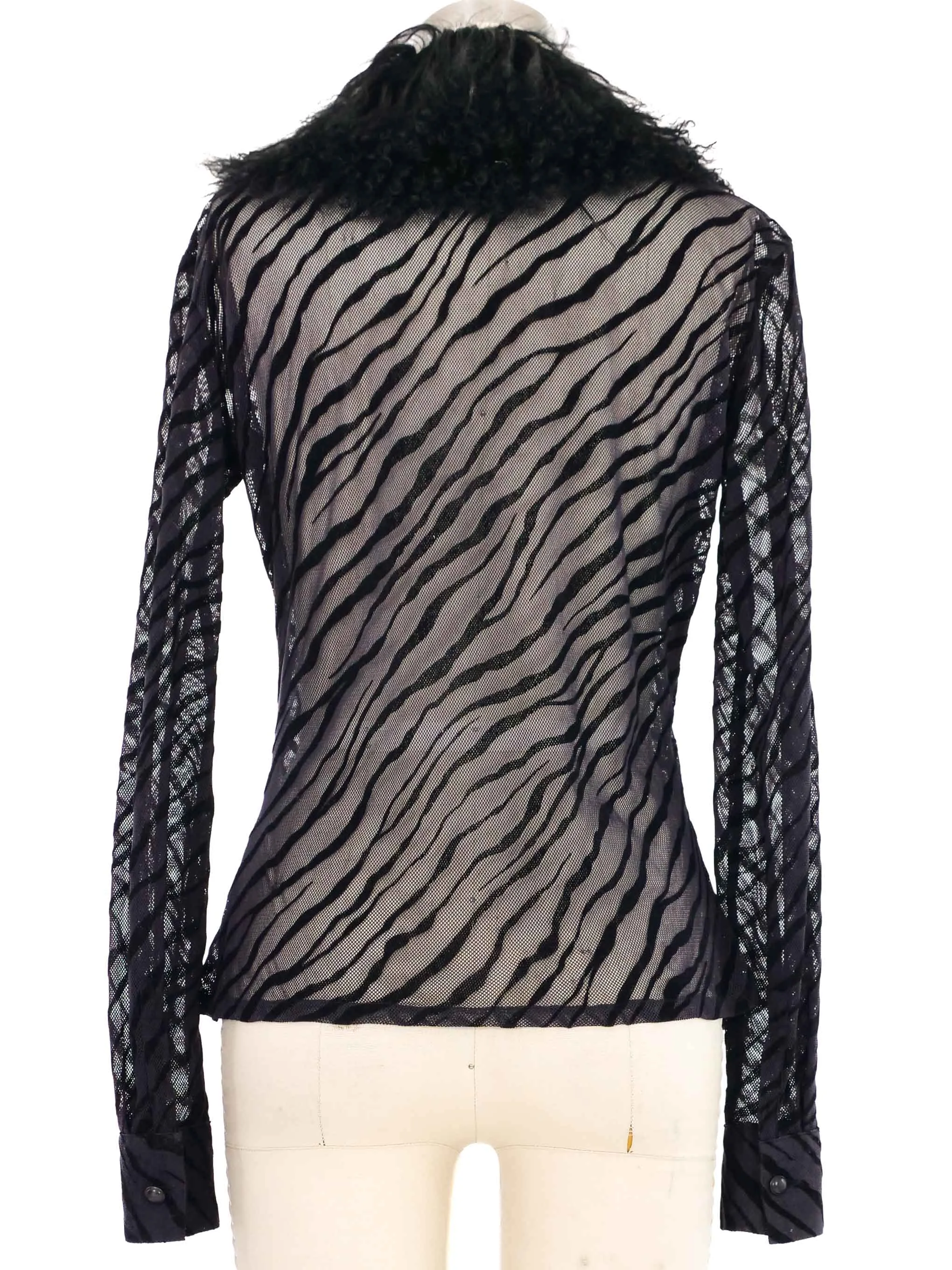 2000s Versus Versace Burnout Mesh Faux Fur Collar Blouse