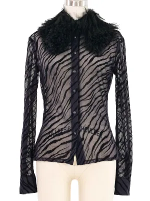 2000s Versus Versace Burnout Mesh Faux Fur Collar Blouse