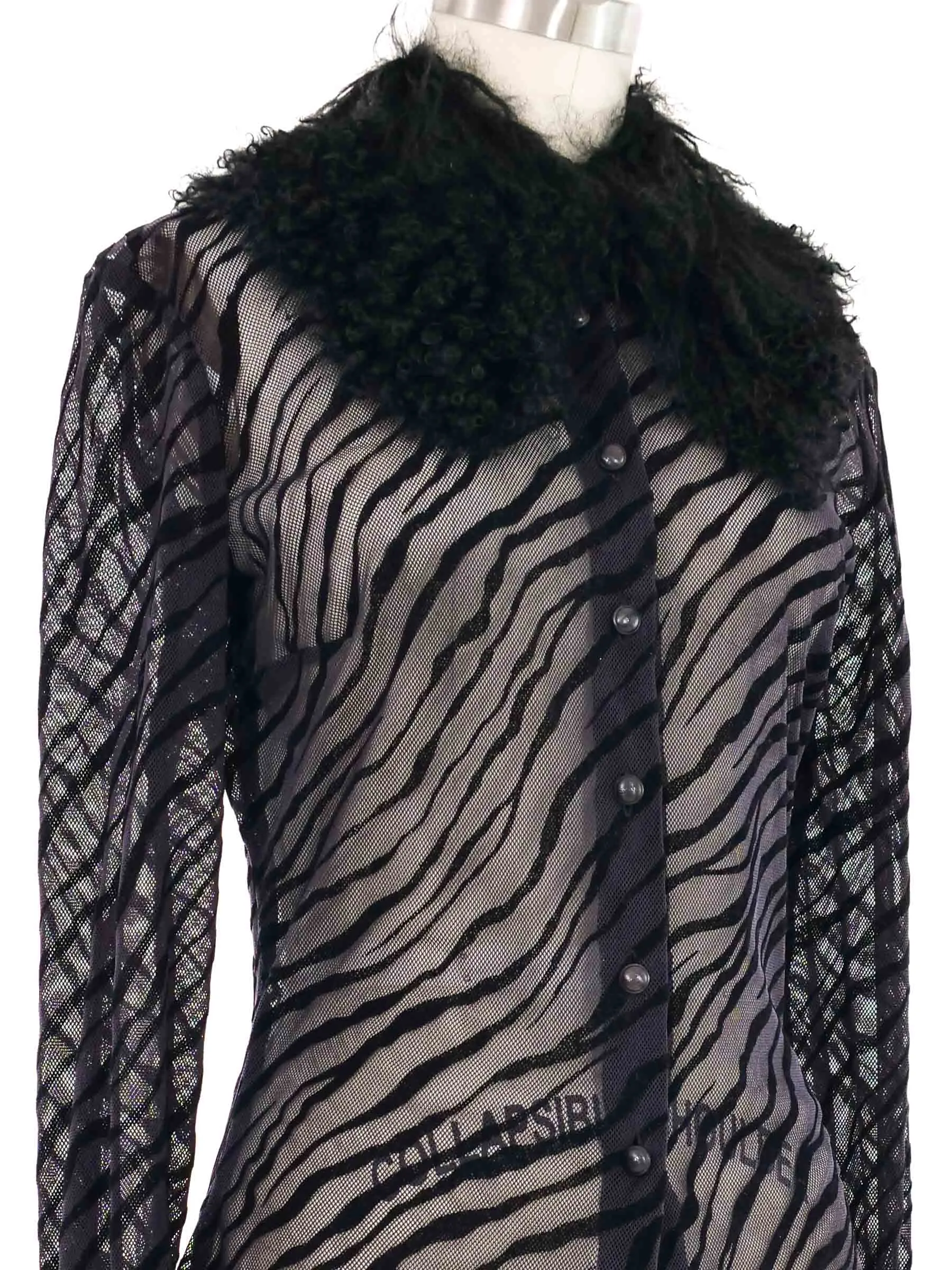 2000s Versus Versace Burnout Mesh Faux Fur Collar Blouse
