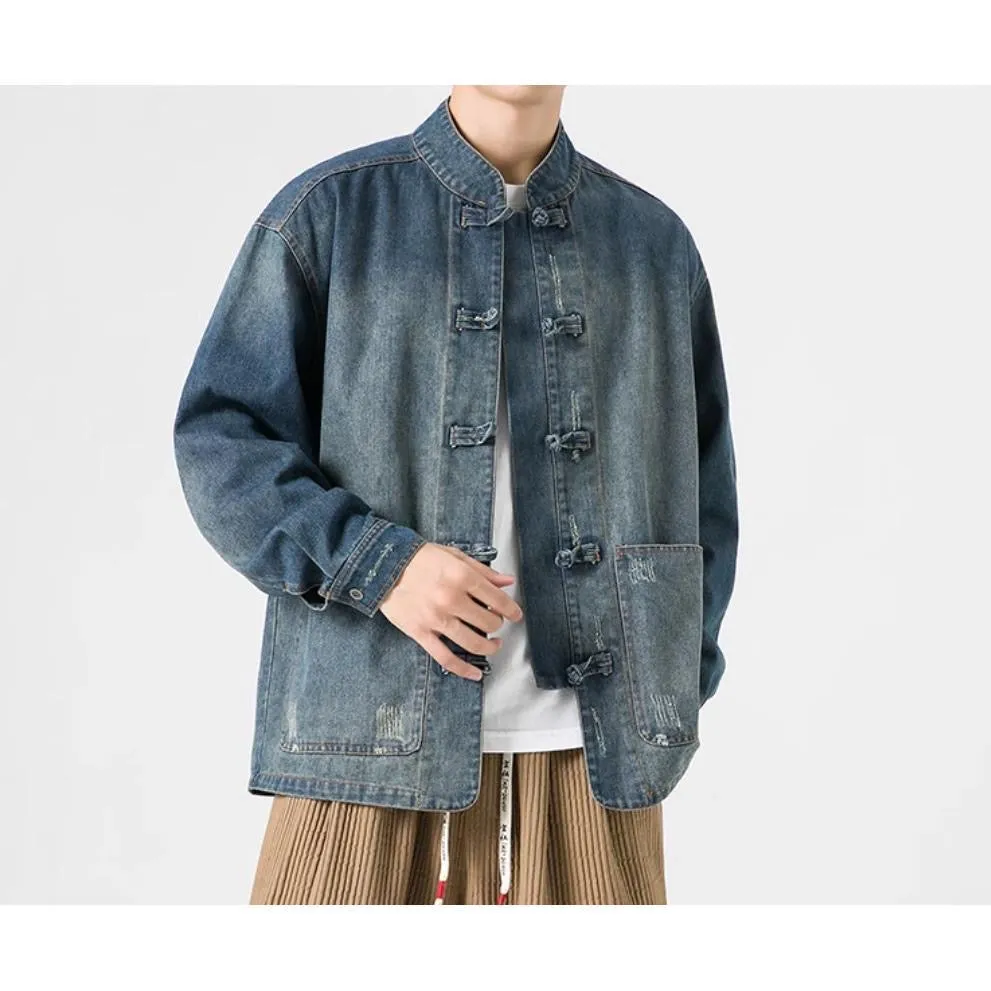 Advbridge Retro Chinese Style Washed Denim Jacket For Men Spring Autumn Long Sleeved Stand Collar Top Fashion Vintage Ethnic Shirts Coat
