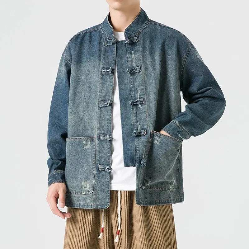 Advbridge Retro Chinese Style Washed Denim Jacket For Men Spring Autumn Long Sleeved Stand Collar Top Fashion Vintage Ethnic Shirts Coat