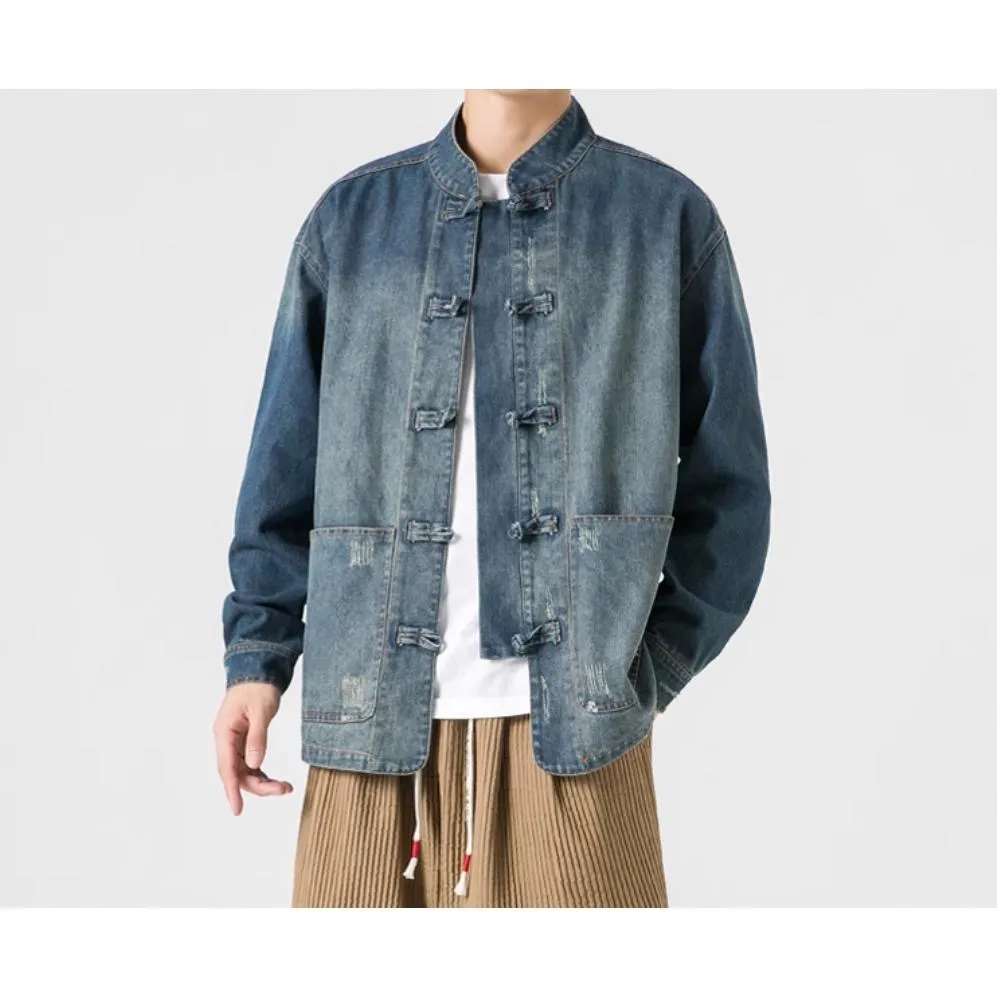 Advbridge Retro Chinese Style Washed Denim Jacket For Men Spring Autumn Long Sleeved Stand Collar Top Fashion Vintage Ethnic Shirts Coat