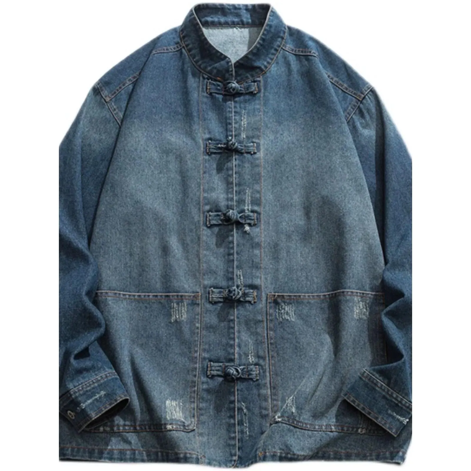 Advbridge Retro Chinese Style Washed Denim Jacket For Men Spring Autumn Long Sleeved Stand Collar Top Fashion Vintage Ethnic Shirts Coat