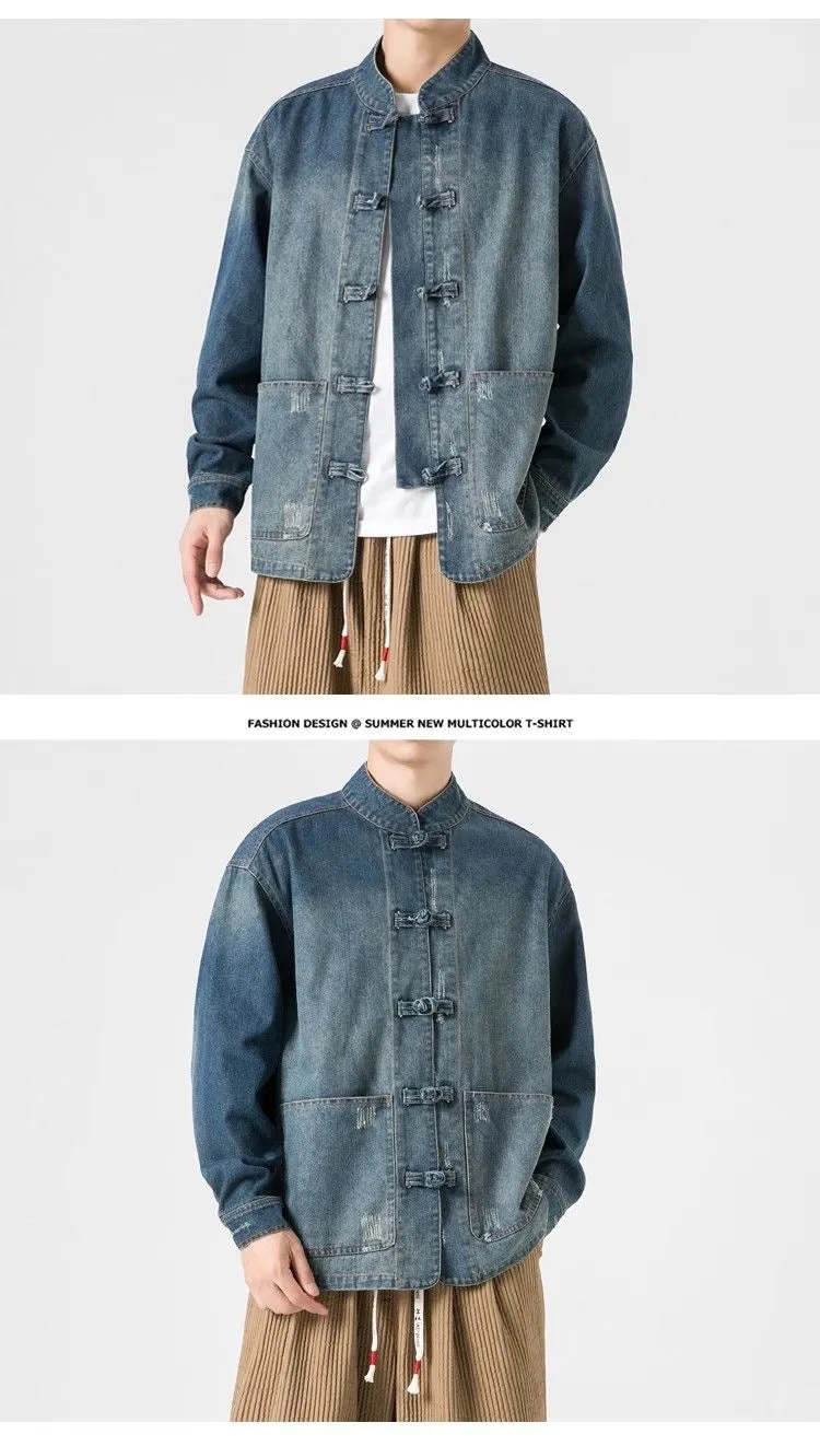 Advbridge Retro Chinese Style Washed Denim Jacket For Men Spring Autumn Long Sleeved Stand Collar Top Fashion Vintage Ethnic Shirts Coat