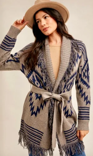Arla Navy & Grey Ethnic Motif Belted Fringe Cardigan Sweater Jacket