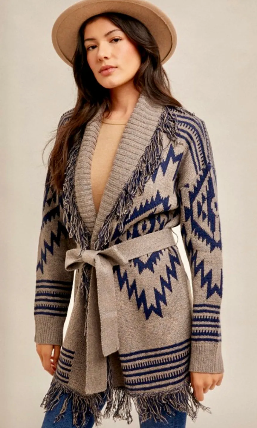 Arla Navy & Grey Ethnic Motif Belted Fringe Cardigan Sweater Jacket