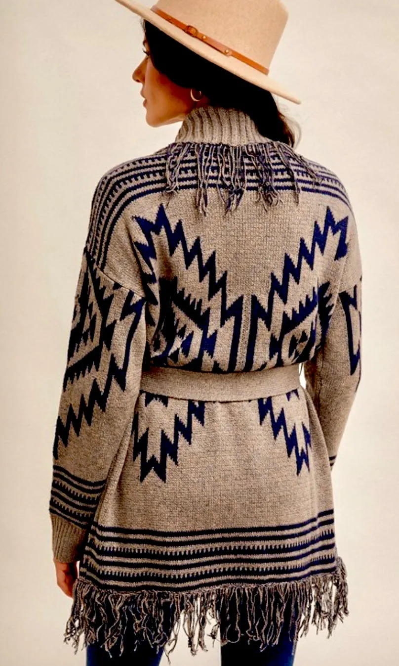 Arla Navy & Grey Ethnic Motif Belted Fringe Cardigan Sweater Jacket