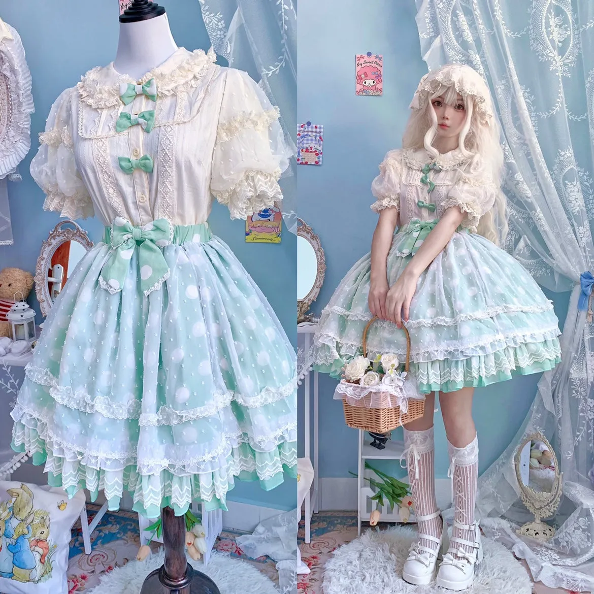 (BFM)DMFS Lolita~Elastic Waist Lolita Skirt with Chiffon and Mesh