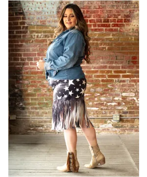 Black stars faux leather fringe skirt