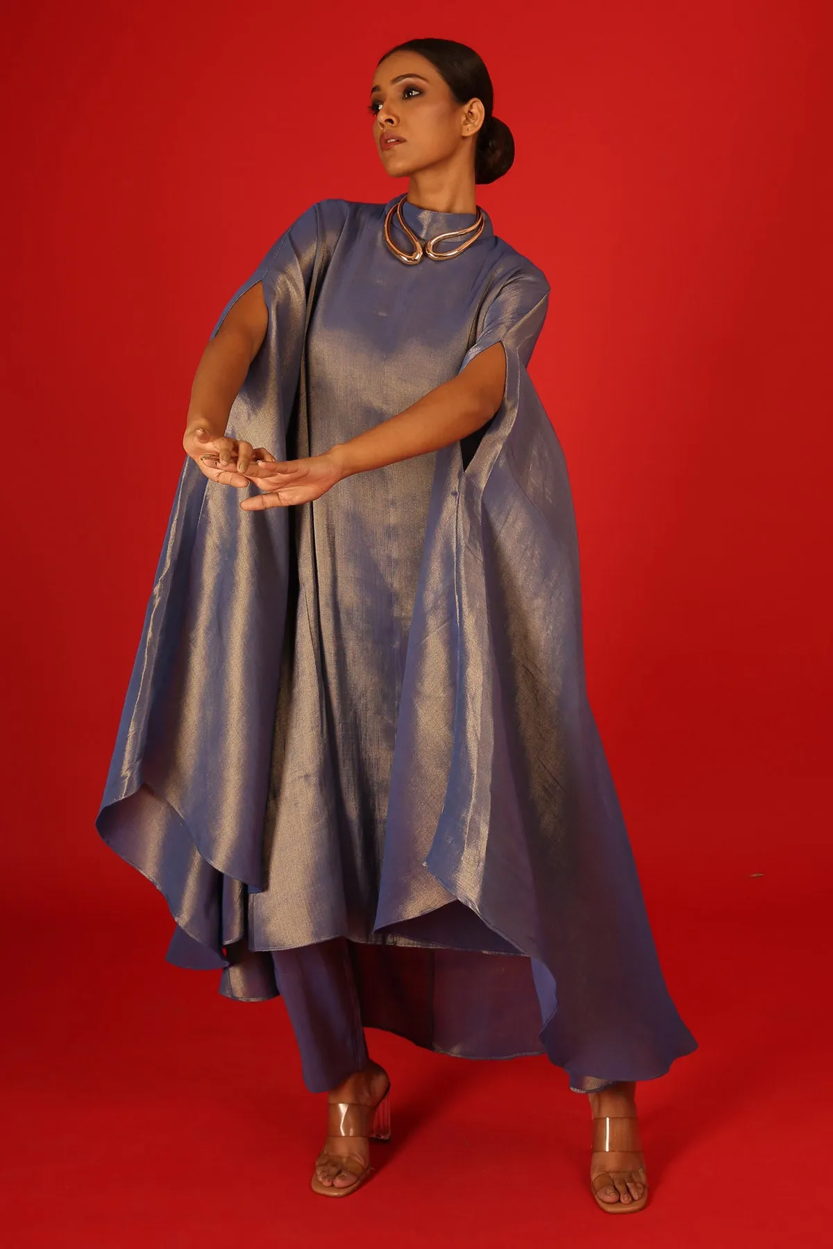 Blue Tissue Kaftan Style Kurta & Palazzo