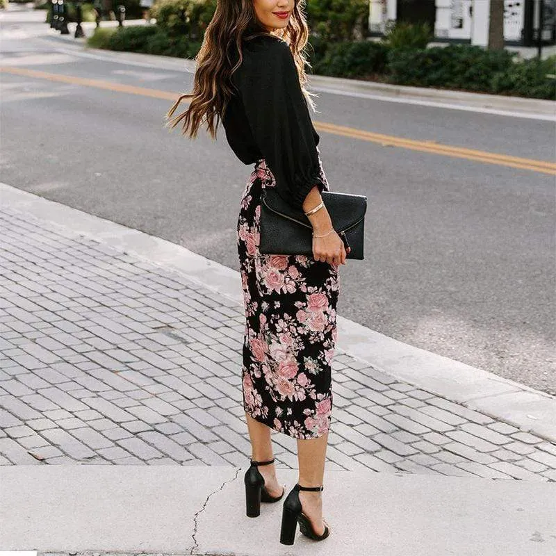 Boho Pencil Split skirt with Floral print