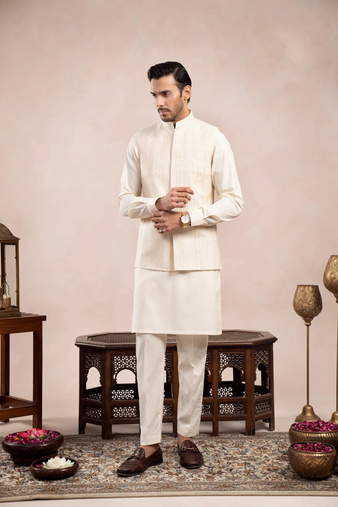 Bosky White Kurta Trouser with Falling Embroidered Waistcoat  - 3PC - Men