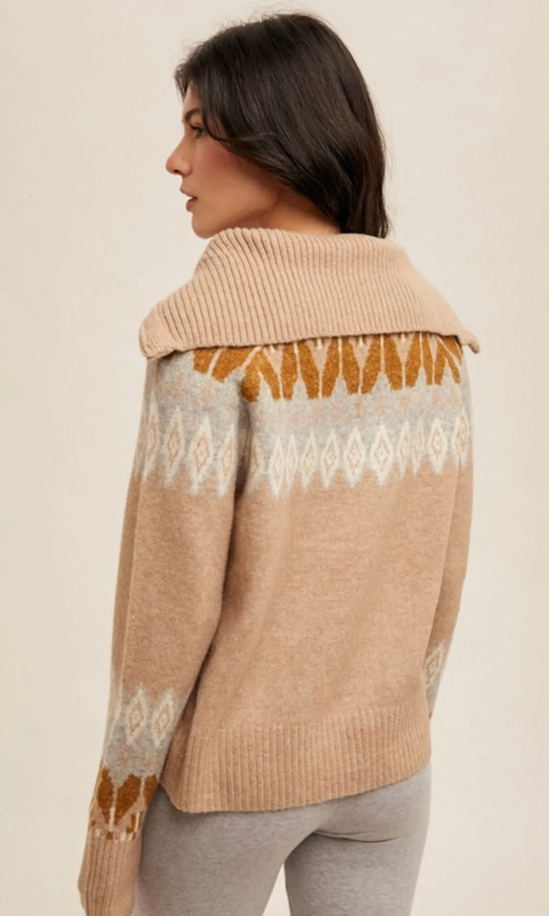 Breena Taupe Sailor Collar Ethnic Motif Zip Up Sweater