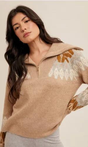 Breena Taupe Sailor Collar Ethnic Motif Zip Up Sweater