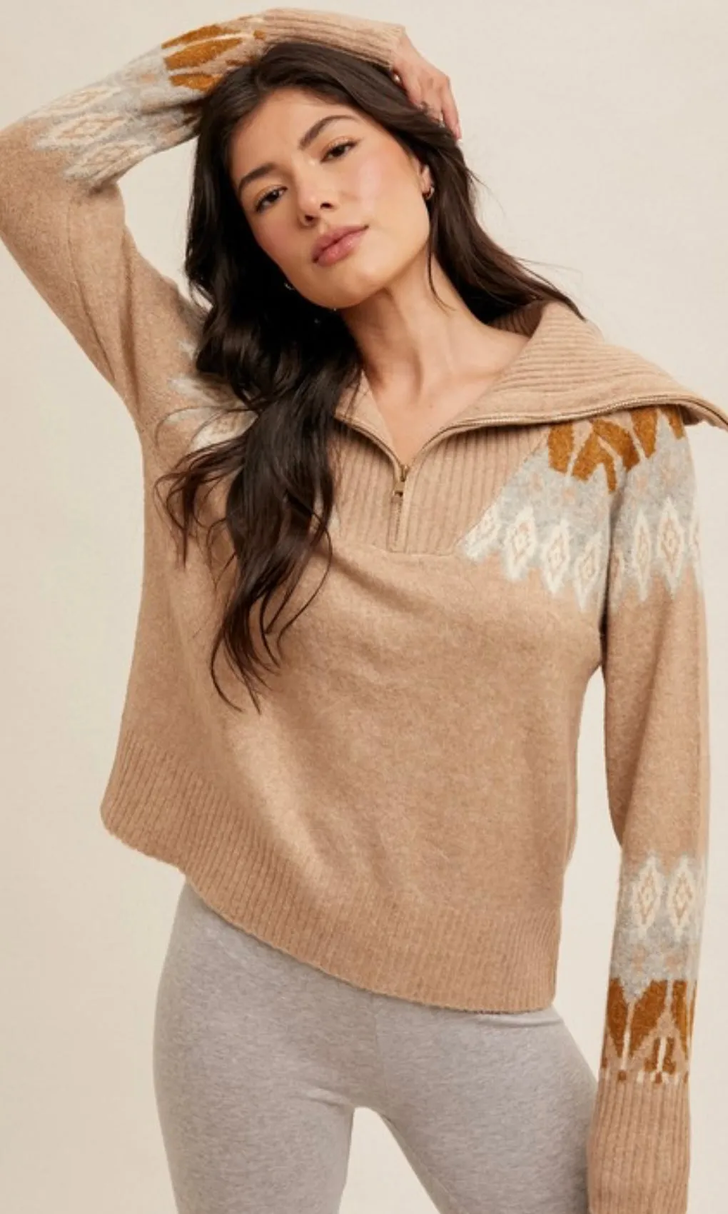 Breena Taupe Sailor Collar Ethnic Motif Zip Up Sweater