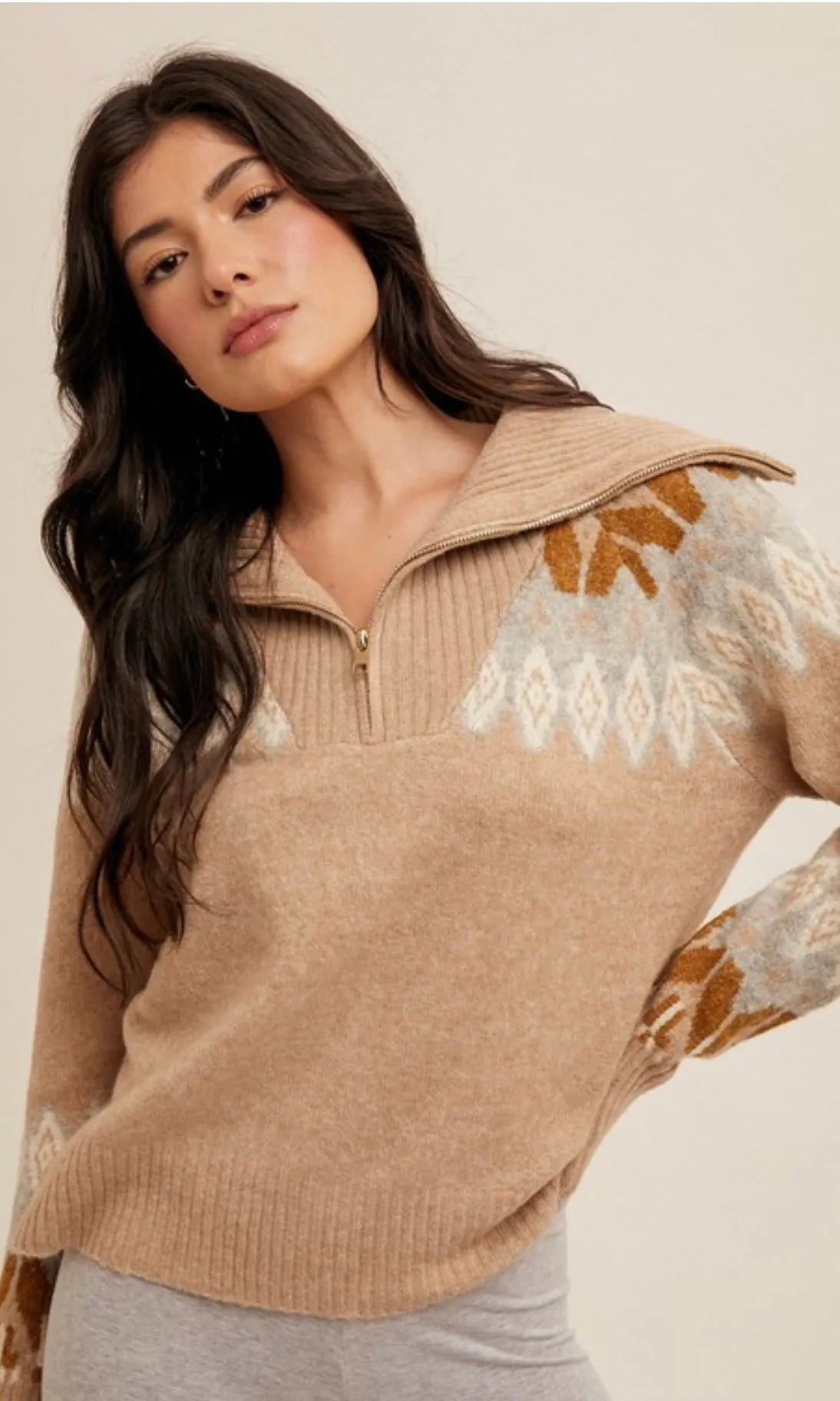 Breena Taupe Sailor Collar Ethnic Motif Zip Up Sweater
