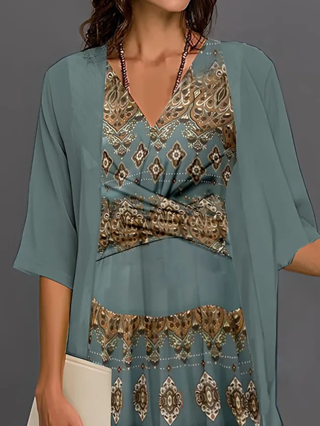Chicmy- Ethnic V Neck Chiffon Vintage Two-Piece Set