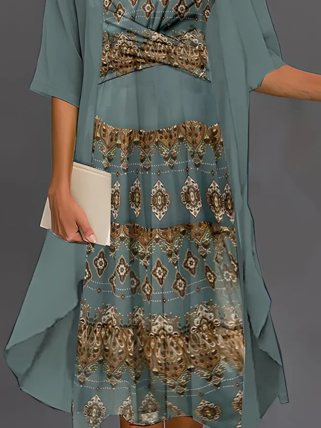 Chicmy- Ethnic V Neck Chiffon Vintage Two-Piece Set