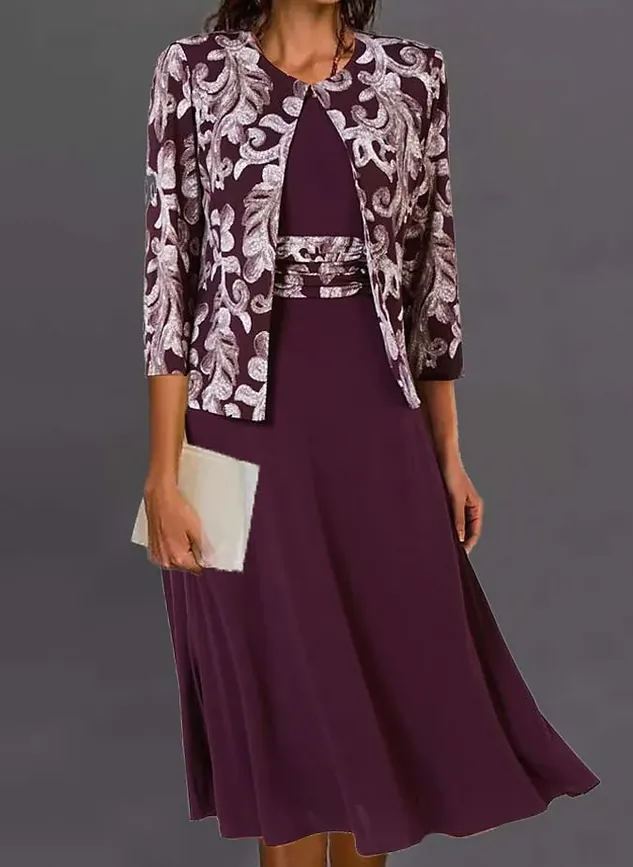 Chicmy- JFN Ethnic Urban Party Formal Occasion Two-Piece Set Dress with Cardigan