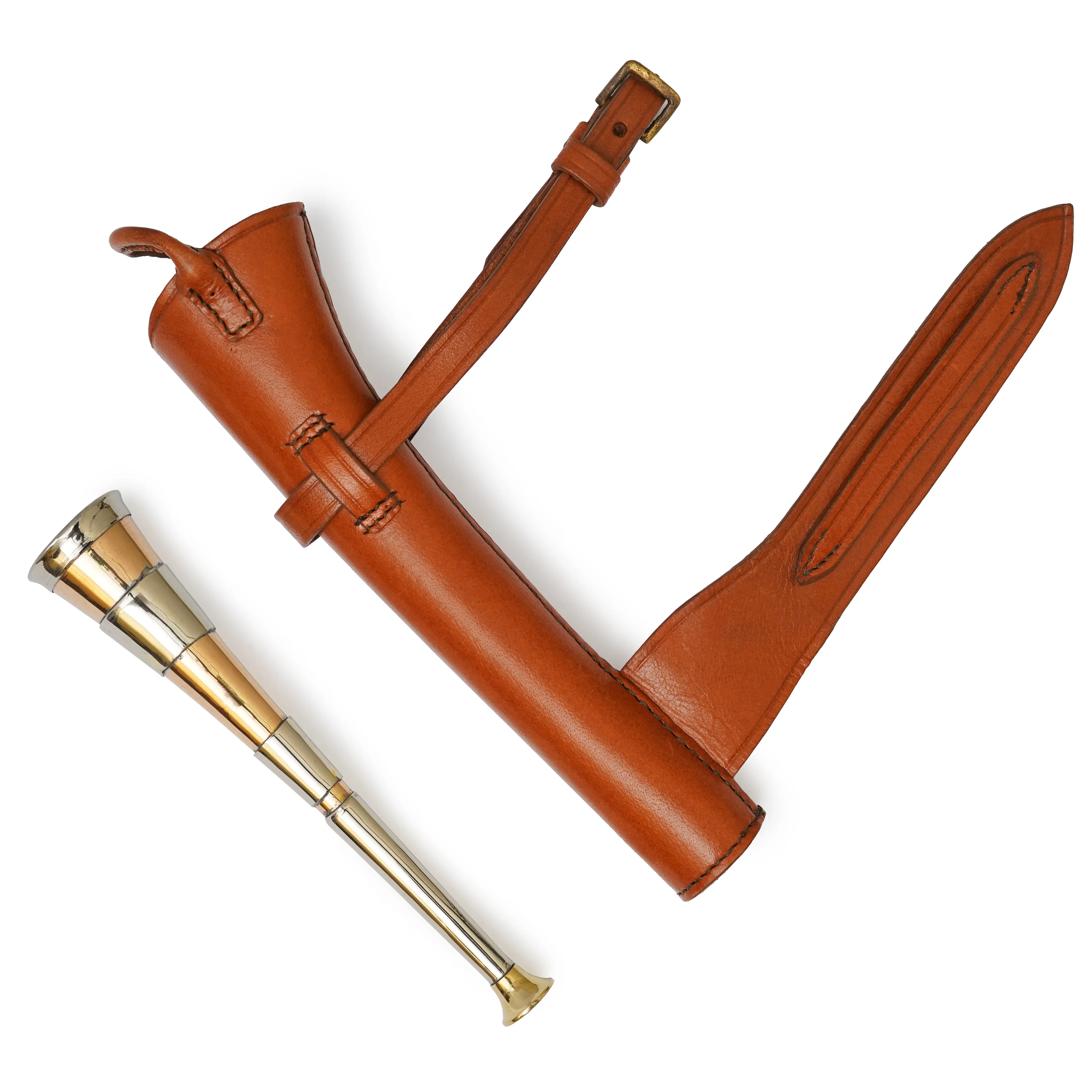 Copper Fox Hunting Horn with Authentic Brown Leather Case