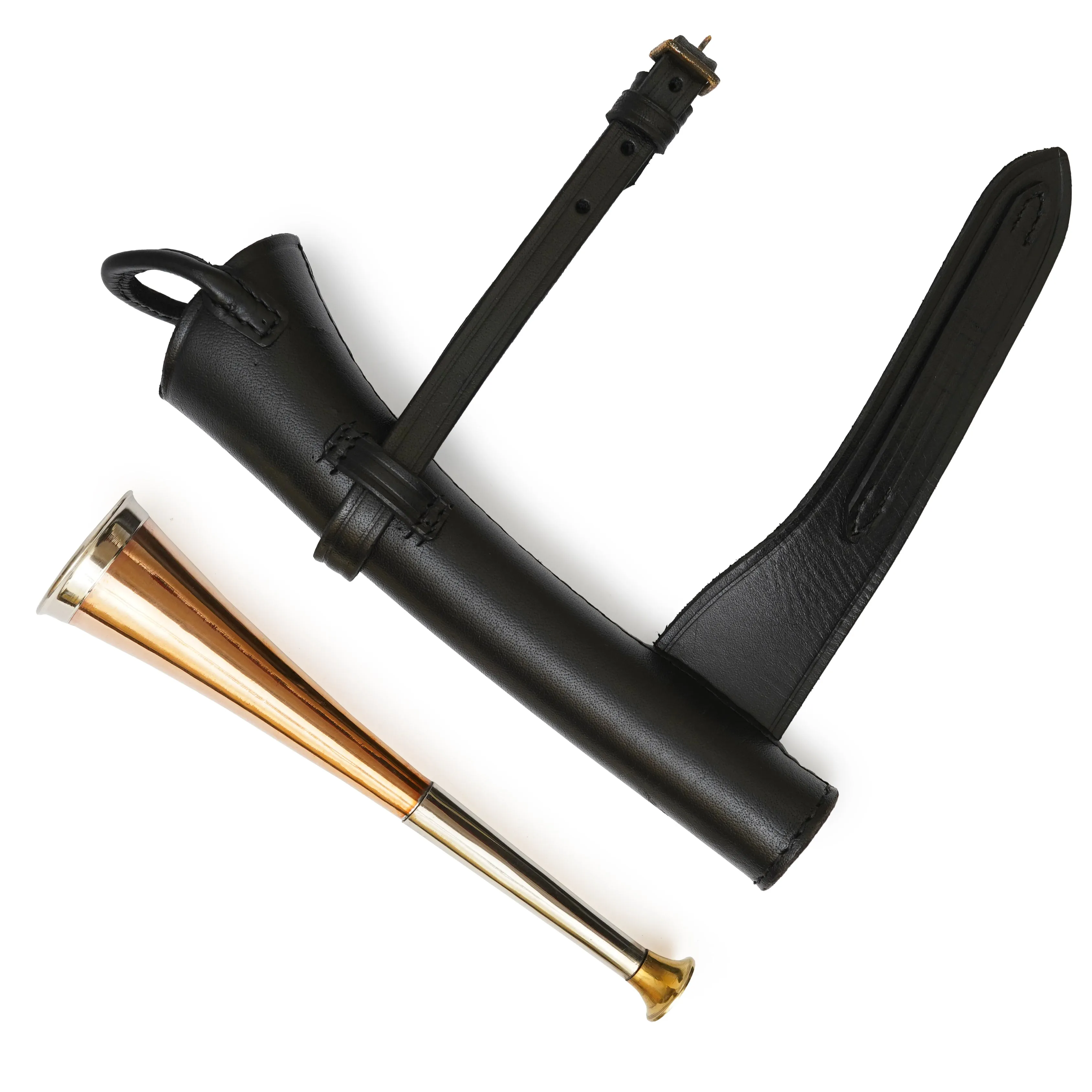 Copper Fox Hunting Horn with Authentic Brown Leather Case