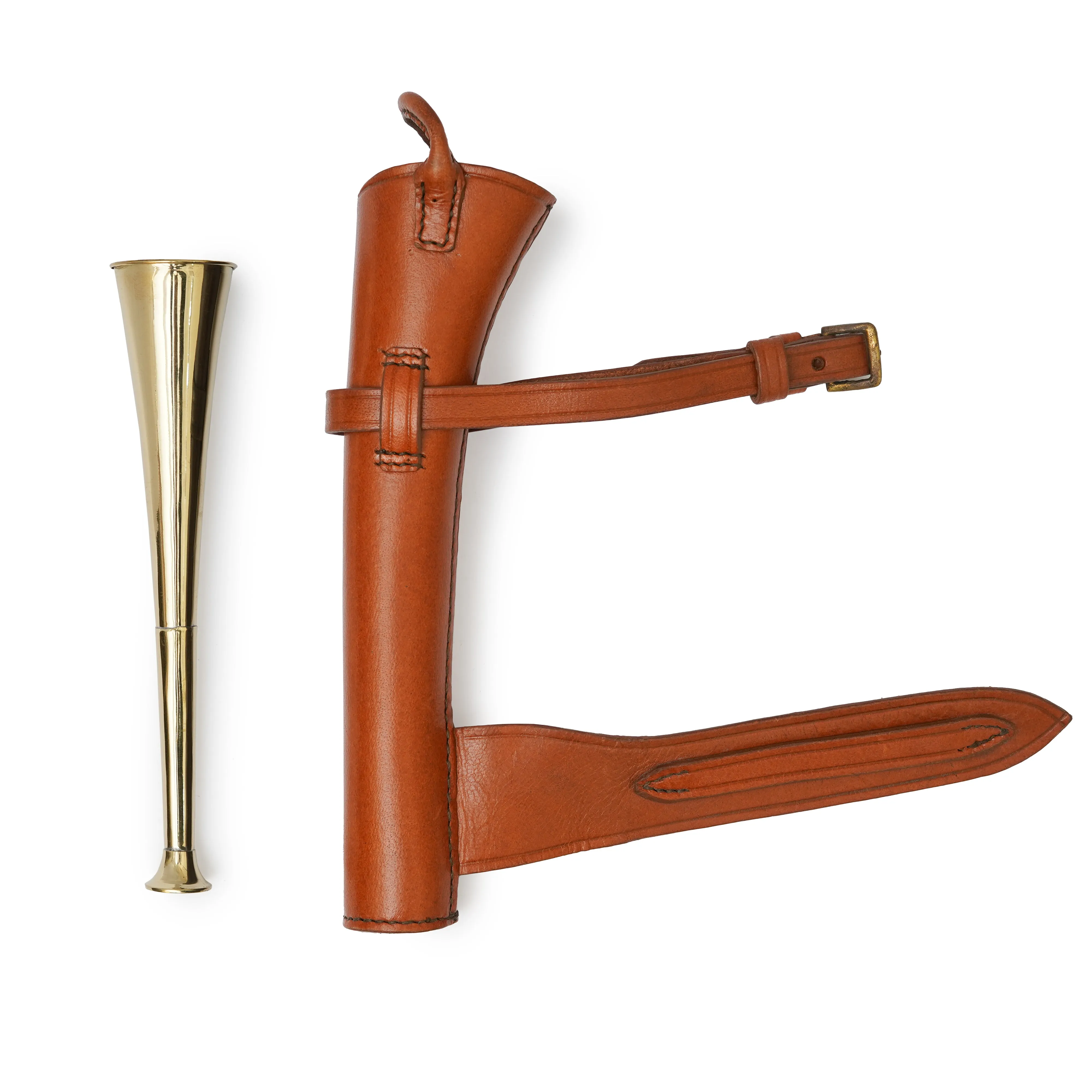 Copper Fox Hunting Horn with Authentic Brown Leather Case