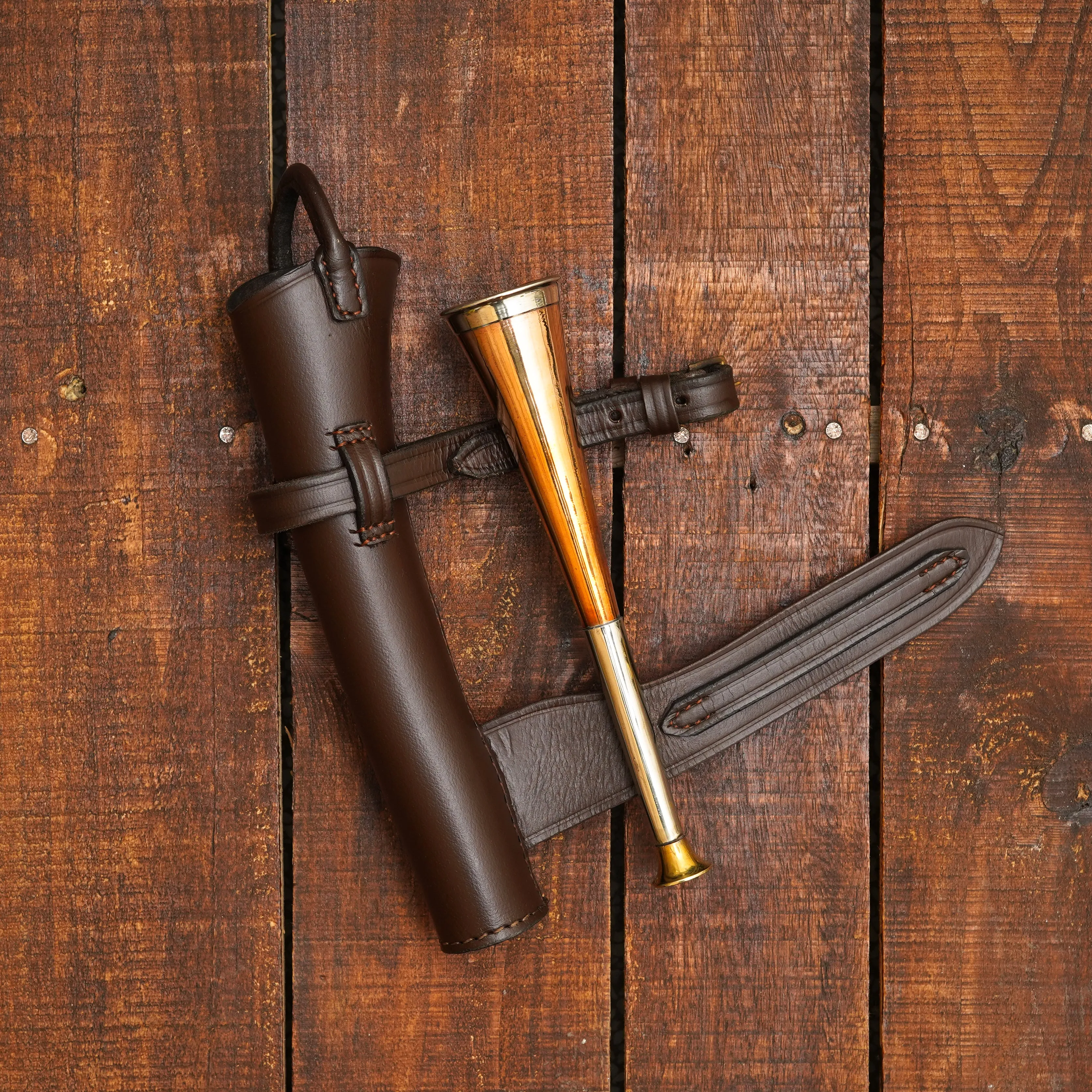 Copper Fox Hunting Horn with Authentic Brown Leather Case