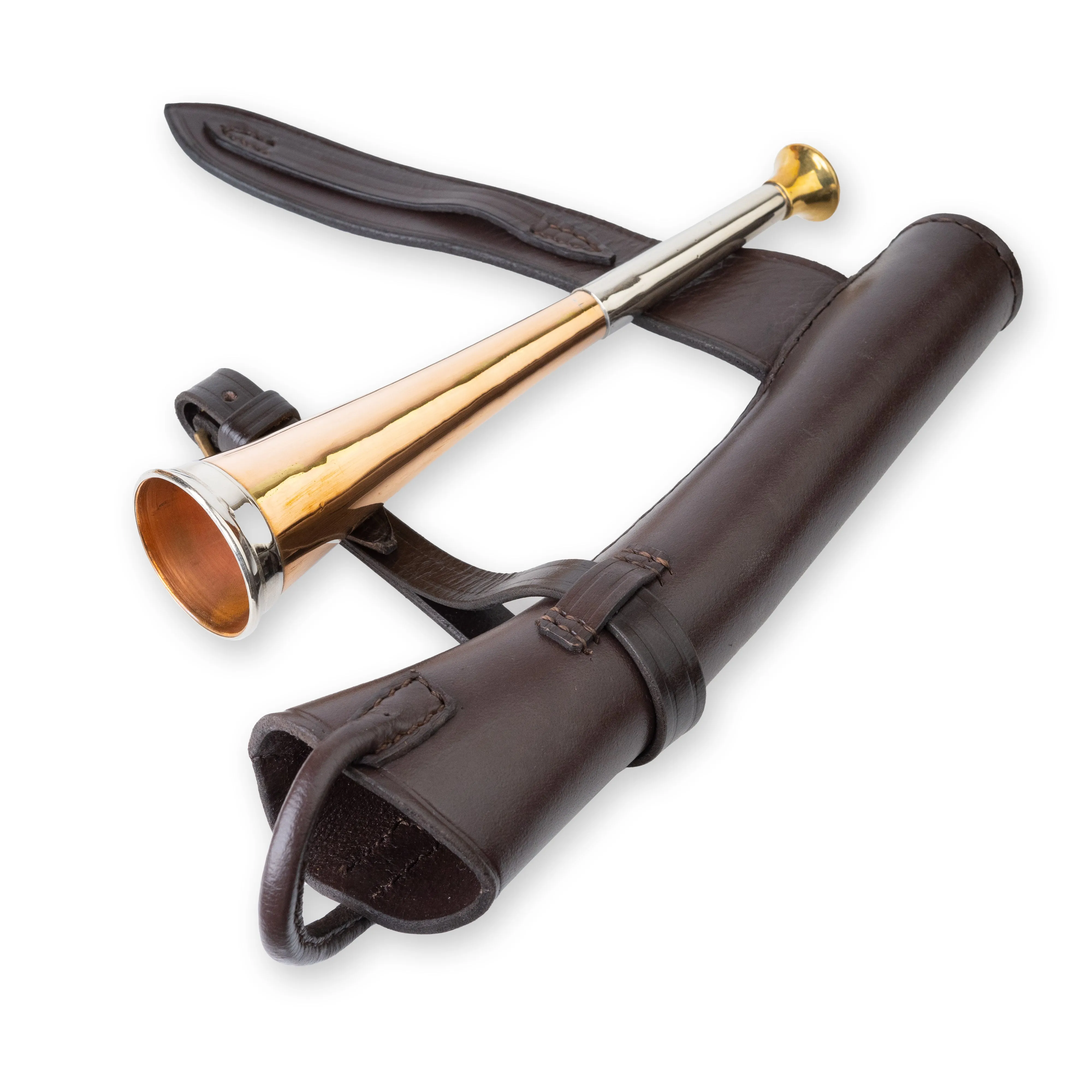 Copper Fox Hunting Horn with Authentic Brown Leather Case