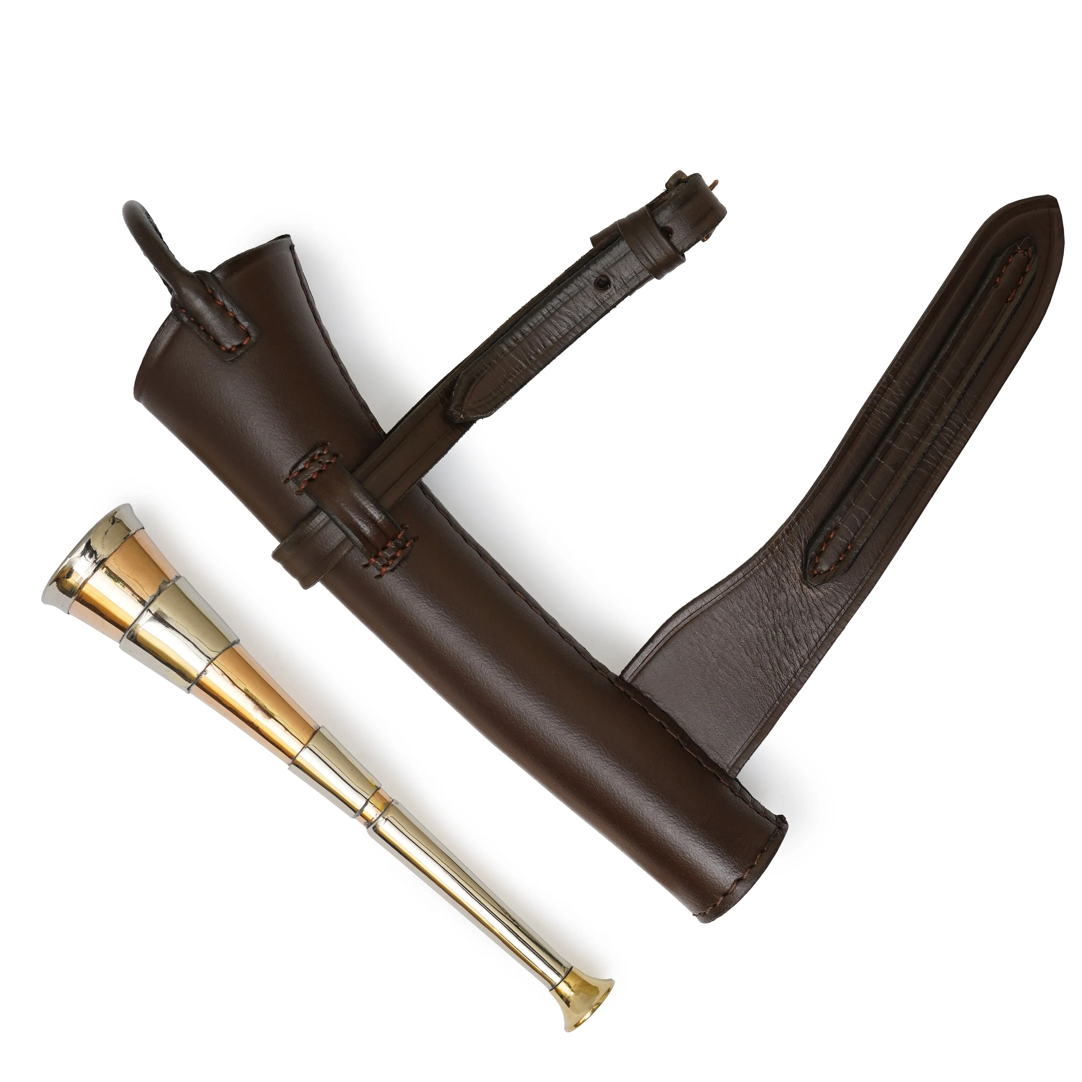 Copper Fox Hunting Horn with Authentic Brown Leather Case