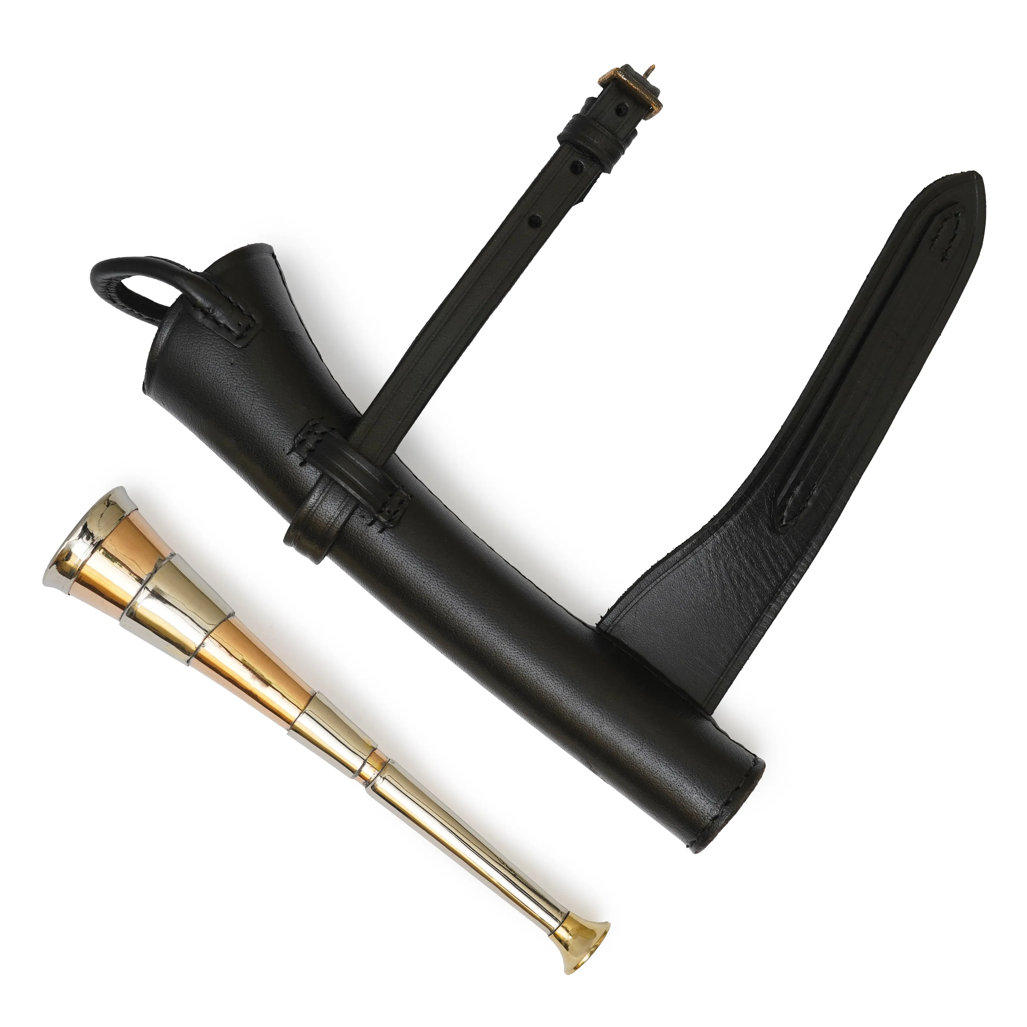 Copper Fox Hunting Horn with Authentic Brown Leather Case