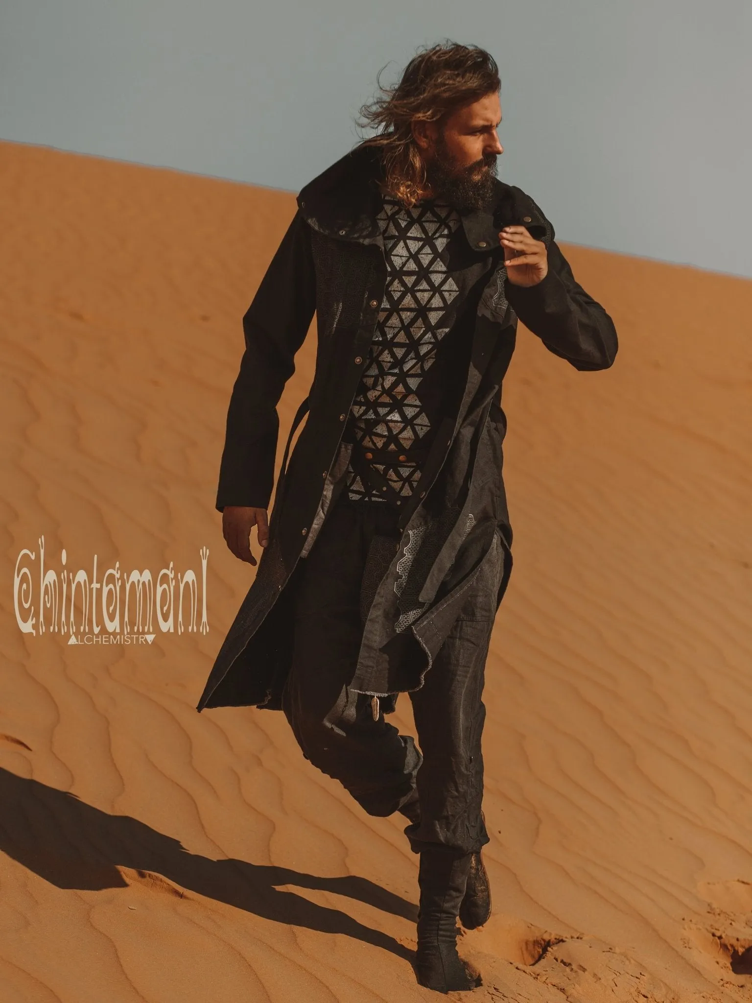 Cotton Canvas Mens Coat / Nomad Boho Cardigan Jacket with Shipibo Print / Black