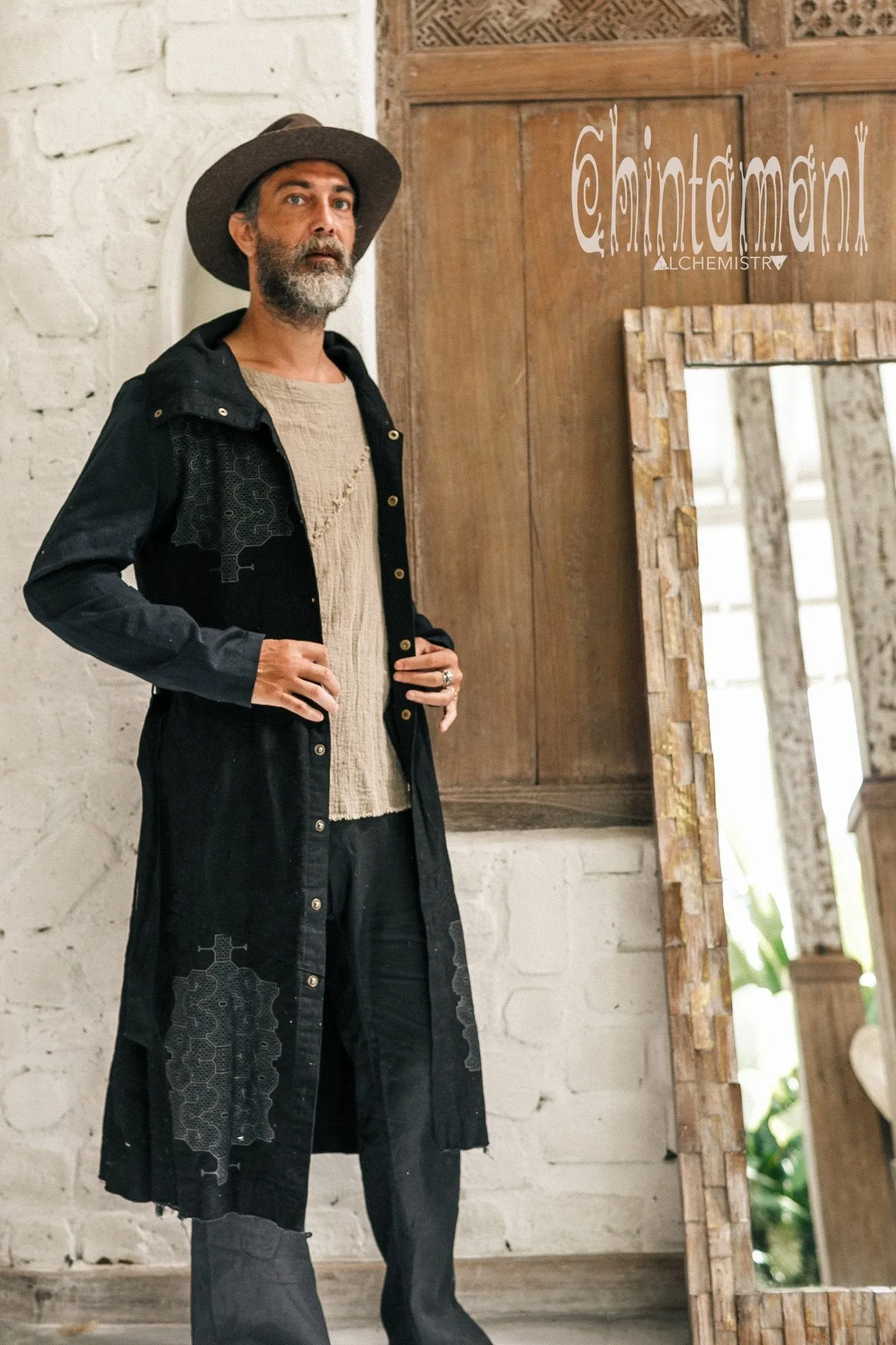 Cotton Canvas Mens Coat / Nomad Boho Cardigan Jacket with Shipibo Print / Black